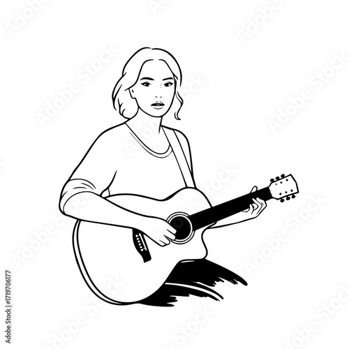 Black and white line art of a cool woman playing guitar in casual outfit minimalist stylish illustration
