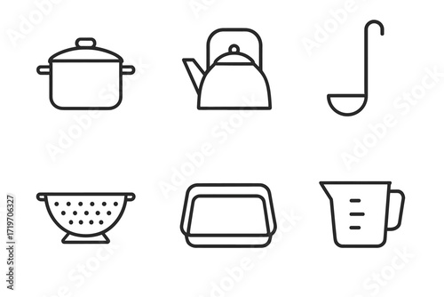 Minimalist kitchen utensils: pot, kettle, ladle, colander, tray, measuring cup icons