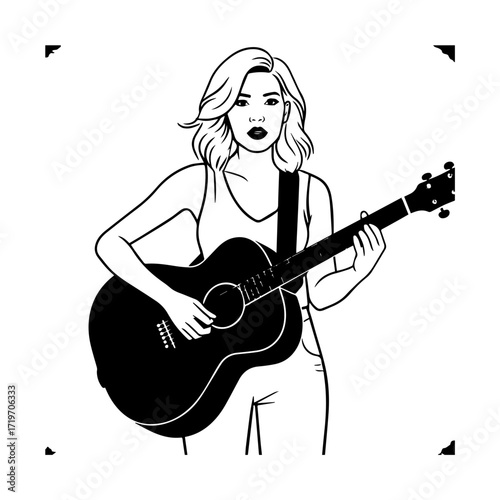 Black and white line art of a cool woman playing guitar in casual outfit minimalist stylish illustration
