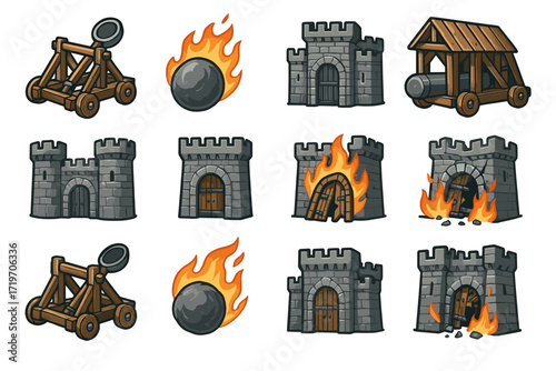 Medieval siege weapons and castle icons: catapults, batterings, fortresses under attack