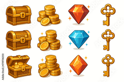 Cartoon treasure chest, gold coins, gemstones, and antique keys illustrations