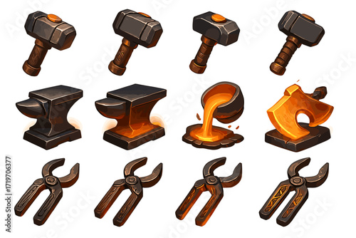 Set of medieval blacksmith tools with hammers, anvil, molten metal, and tongs