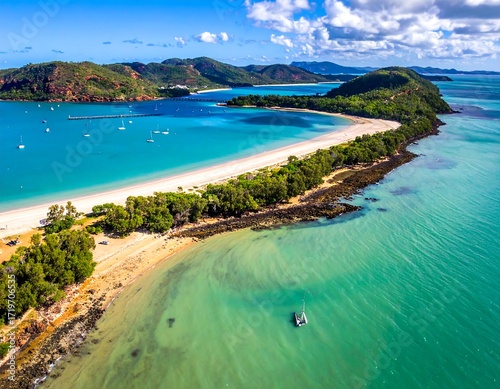 Aerial view of a pristine beach and coastline.  Tranquil turquoise water, white sand