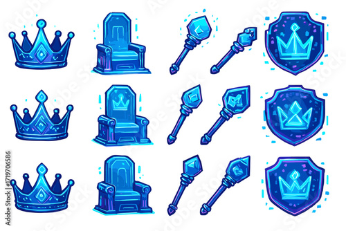 Set of blue royal symbols: crowns, thrones, scepters, and shields