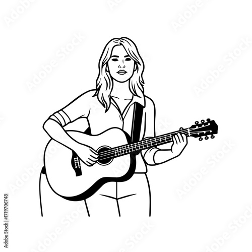Black and white line art of a cool woman playing guitar in casual outfit minimalist stylish illustration