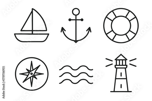 Nautical icon set featuring sailboat, anchor, lifebuoy, compass, waves, and lighthouse