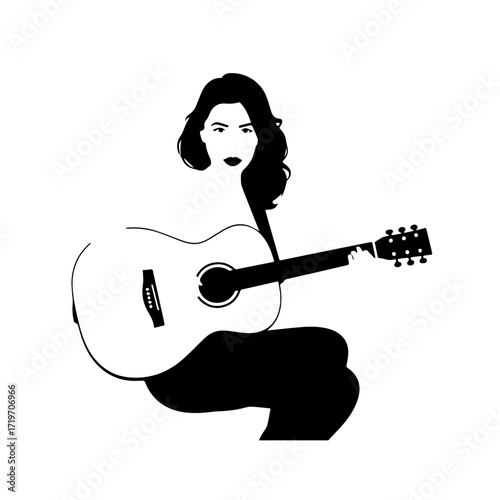 Black and white line art of a cool woman playing guitar in casual outfit minimalist stylish illustration
