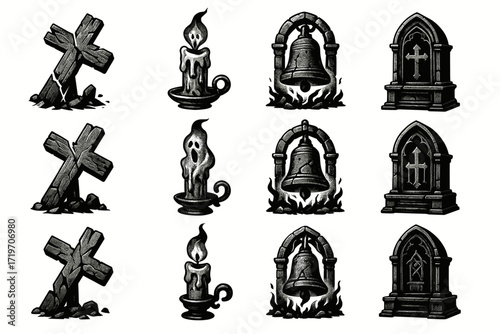 Gothic graveyard symbols: crosses, candles, bells, and tombstones