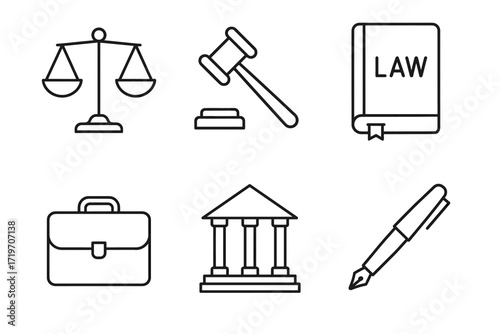 Legal icons set: scales, gavel, law book, briefcase, courthouse, pen