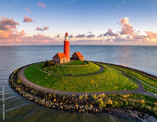 Aerial view of a red lighthouse on a small, circular island