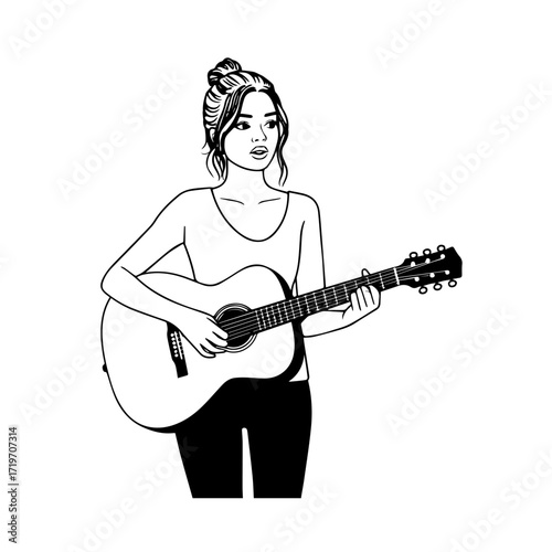 Black and white line art of a cool woman playing guitar in casual outfit minimalist stylish illustration