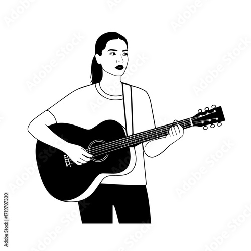 Black and white line art of a cool woman playing guitar in casual outfit minimalist stylish illustration
