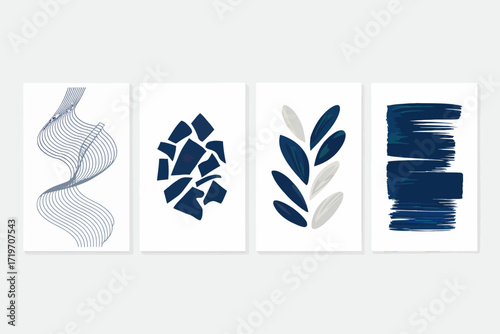 Abstract Minimalist Artwork Set of Four Prints in Navy and White Tones for Modern Home Decor