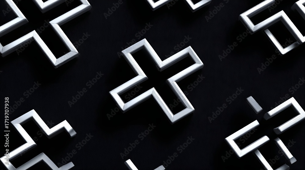 Obraz premium An abstract geometric pattern featuring numerous white cross shapes arranged in a symmetrical, minimalist layout against a stark black backdrop.