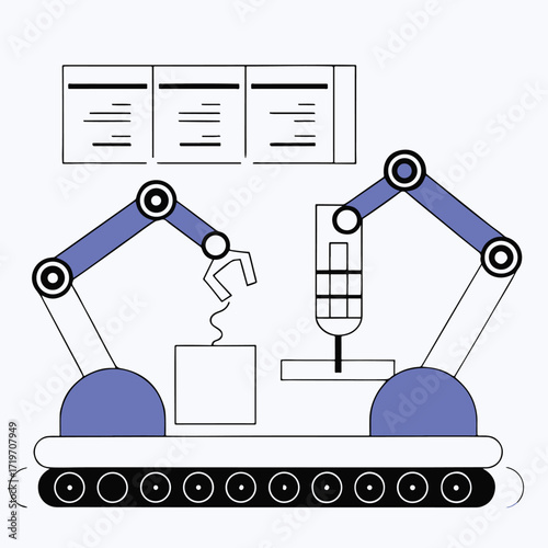 Infographic illustrating an automated factory production line with robotic arms and conveyor belts isolated on transparent background