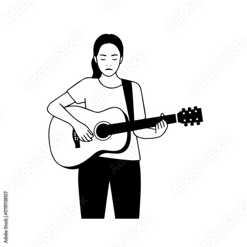 Black and white line art of a cool woman playing guitar in casual outfit minimalist stylish illustration