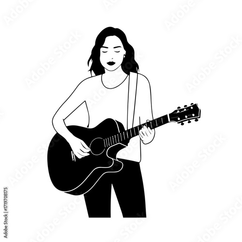 Black and white line art of a cool woman playing guitar in casual outfit minimalist stylish illustration