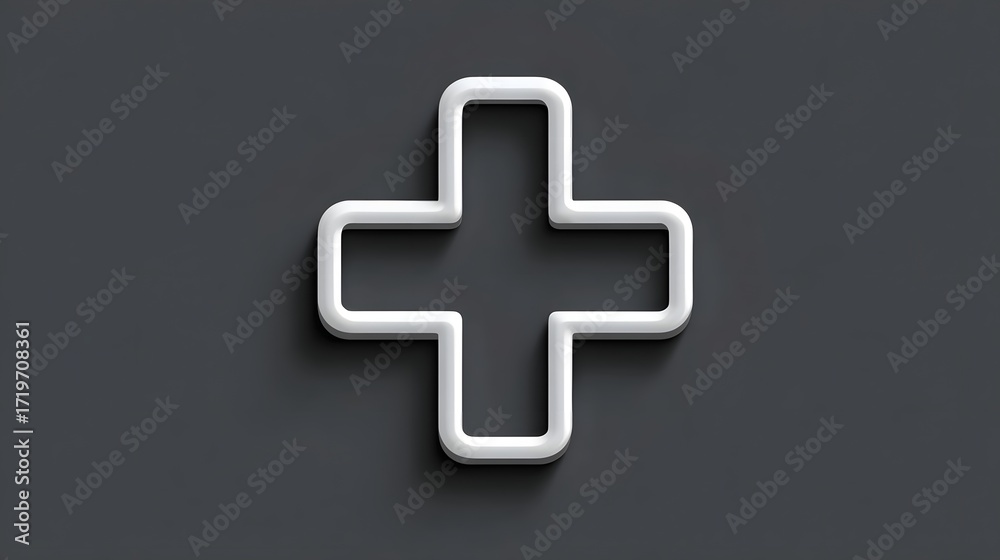 Obraz premium Minimalist white medical cross icon or symbol displayed on a dark gray background, representing healthcare, emergency services, and first aid.