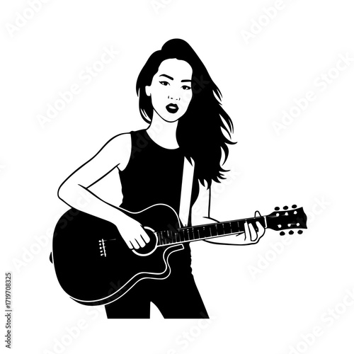 Black and white line art of a cool woman playing guitar in casual outfit minimalist stylish illustration