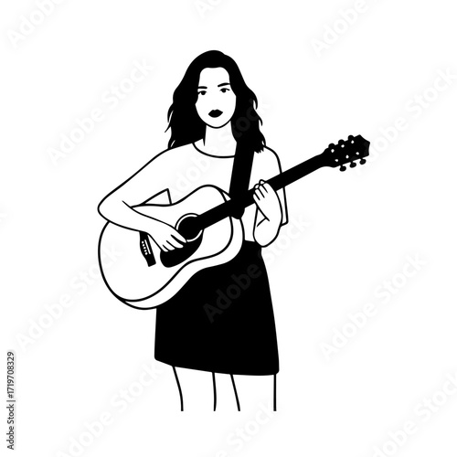 Black and white line art of a cool woman playing guitar in casual outfit minimalist stylish illustration