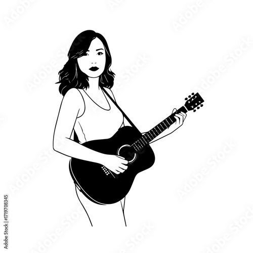 Black and white line art of a cool woman playing guitar in casual outfit minimalist stylish illustration