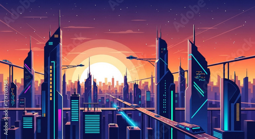 A futuristic cityscape with towering skyscrapers, elevated railways, and a vibrant sunset, showcasing a modern and technologically advanced urban landscape