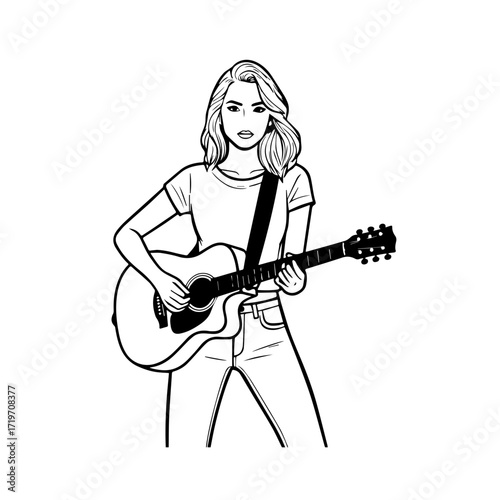 Black and white line art of a cool woman playing guitar in casual outfit minimalist stylish illustration