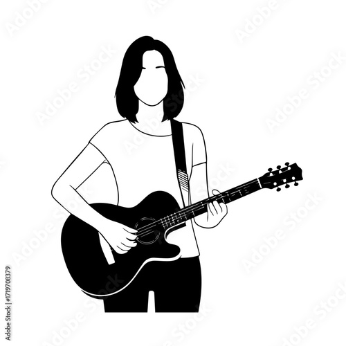 Black and white line art of a cool woman playing guitar in casual outfit minimalist stylish illustration