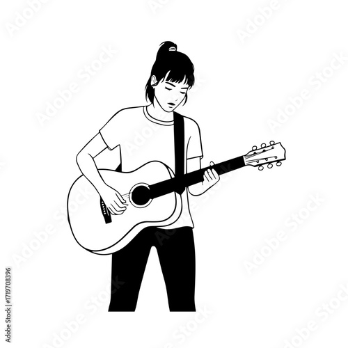 Black and white line art of a cool woman playing guitar in casual outfit minimalist stylish illustration