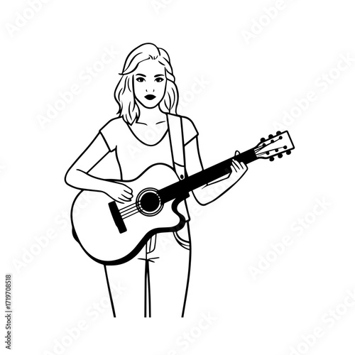 Black and white line art of a cool woman playing guitar in casual outfit minimalist stylish illustration