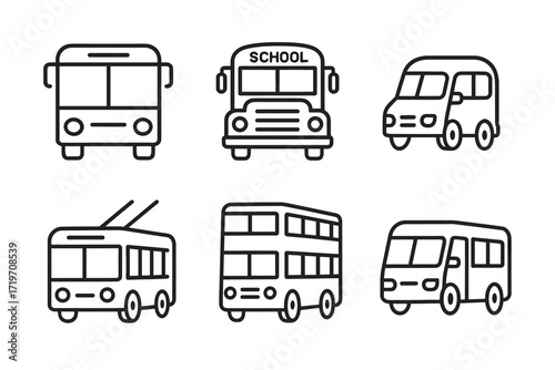 Vector icons of various buses including school, double-decker, and minibus