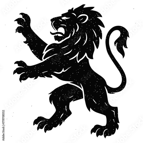Powerful black rampant lion silhouette with a roaring mouth, majestic mane, and distinctive vintage grunge texture. Perfect for heraldic emblems, royal crests, brand logos, medieval art, and historica
