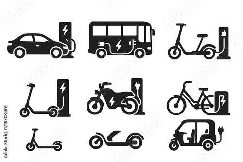 Electric vehicle icons: car, bus, scooter, motorcycle, bicycle, rickshaw with charging stations