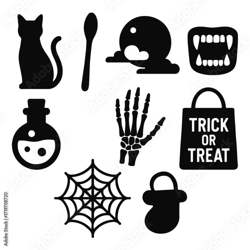 Halloween Silhouette Vector Pack of Cat, Skeleton Hand, Trick or Treat Bag, Spiderweb, Vampire Teeth and Portion
