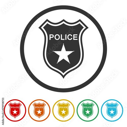 Police badge icon. Set icons in color circle buttons