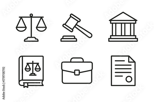 Legal icons: scales, gavel, courthouse, law book, briefcase, document