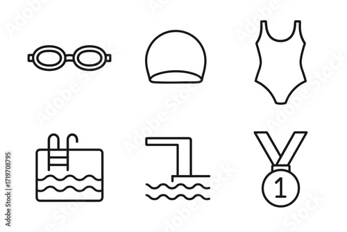 Swimming gear icons: goggles, cap, swimsuit, pool, diving board, medal