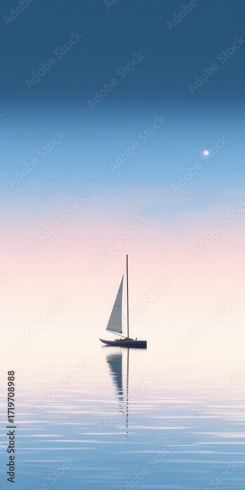 Fototapeta premium A serene scene of a lone sailboat gliding on calm waters under a pastel sky at dawn.