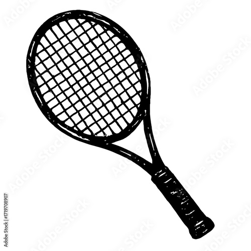 Hand-drawn black outline doodle art of a classic tennis racket with visible strings and textured grip, perfect for sports equipment illustrations, athletic game graphics, and vintage sketch designs fo