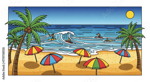 A serene beach landscape with palm trees, colorful umbrellas, and gentle waves, capturing the tranquility of a tropical getaway