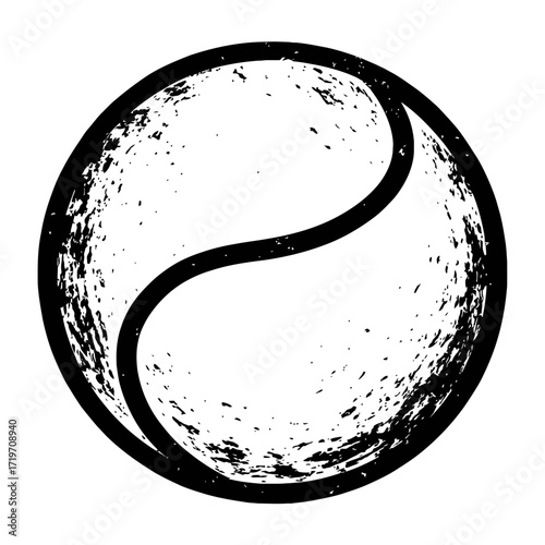Grungy Distressed Yin-Yang Symbol in Monochrome. Textured black & white art embodies cosmic balance, duality, harmony, ancient wisdom. Unique splatter effect creates a raw aesthetic for spiritual, mod
