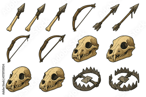 Primitive hunting tools collection: arrows, bows, skulls, and traps