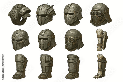 Collection of medieval armor helmets and bracers with intricate designs