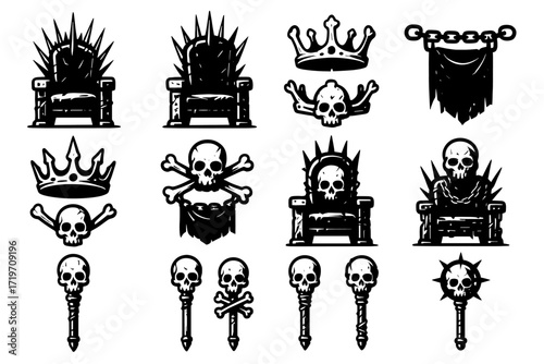 Skull and throne icons: spiked thrones, crowns, skulls, crossbones, banners, scepters