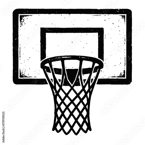 Vintage Basketball Hoop and Backboard Illustration – A Classic Sports Equipment Design with a Distressed, Grungy, Retro Aesthetic, Perfect for Athletic Themes, Sporting Events, and Nostalgic Decor, Re