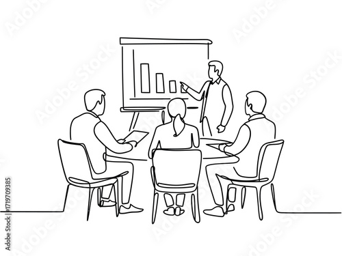 Business meeting presentation with bar chart and attendees