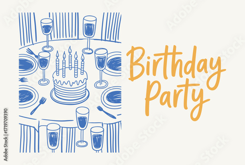 A Festive Birthday Party Scene Featuring a Colorfully Decorated Cake Surrounded by Sparkling Drinks and Dinnerware, Perfect for Celebrations