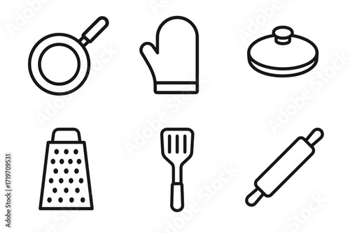 Black and white kitchen utensils set: pan, mitt, lid, grater, spatula, rolling pin icons