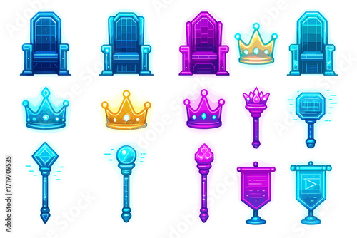 Colorful collection of medieval thrones crowns scepters and banners in neon style