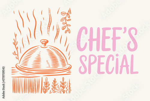 An Artistic Representation of a Chef's Special: Elegantly Styled Food Cover with Swirling Aromas and Herbal Accents Illustrating Culinary Creativity